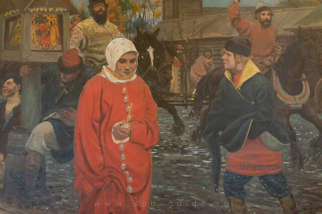 Женщина в красном на картине «Московская улица XVII века в праздничный день», Андрей Рябушкин