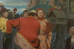 Зажиточная женщина на картине «Московская улица XVII века в праздничный день», Андрей Рябушкин