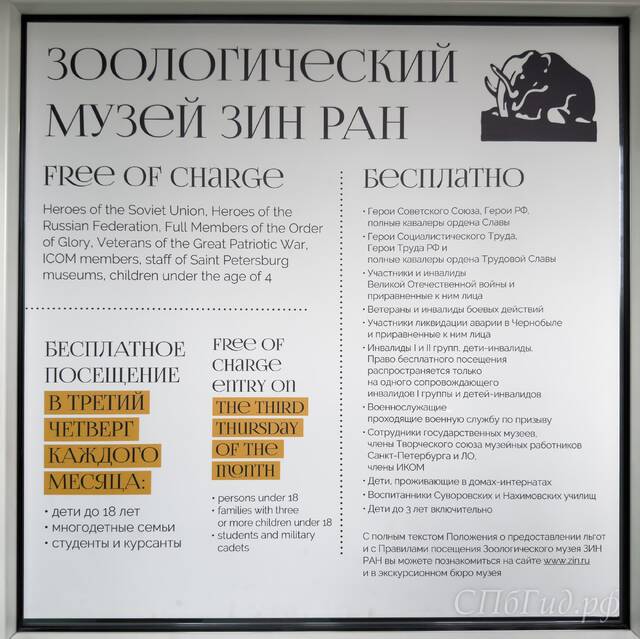 Бесплатное посещение Зоологического музея в Санкт-Петербурге — категории посетителей и дни